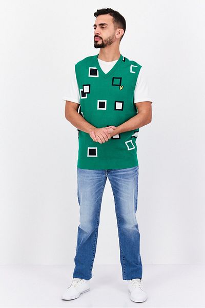 Lyle & Scott Men Crew Neck Sleeveless Allover Print Vest, Green Combo