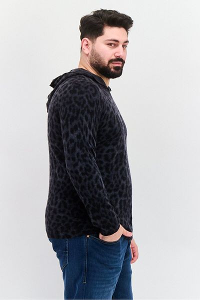INC Men Cheetah Print, Long Sleeves Hooded Sweater, Deep Black