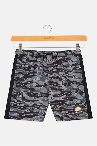 Ellesse شورت سباحة برباط ونمط مموه للأولاد الصغار، رمادي
