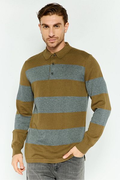 Hawker Rye Men Spread Collar Stripe Long Sleeves Sweater, Olive