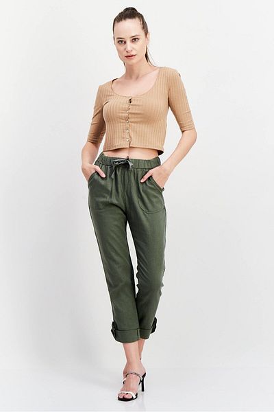 Roxy Women Regular Fit Plain Straight Leg Pants, Olive