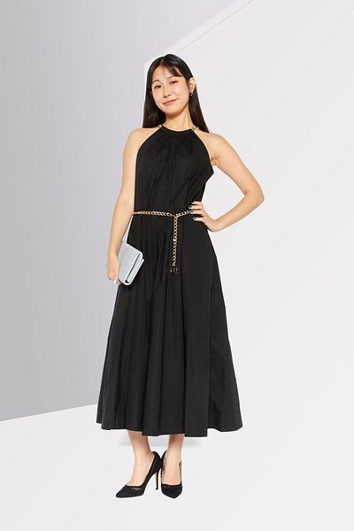 Michael Kors Women Plain Belted Maxi Dress, Black
