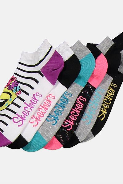SKECHERS Kids Girl 6 Pairs Printed Low Cut Socks, Black