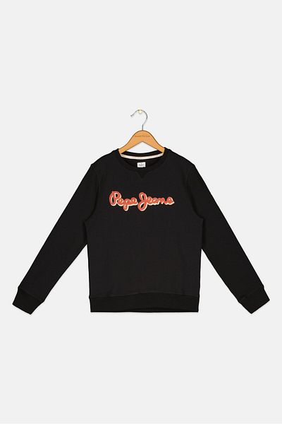 Pepe Jeans سويت شيرت بشعار العلامة التجارية بأكمام طويلة للأولاد الصغار، أسود