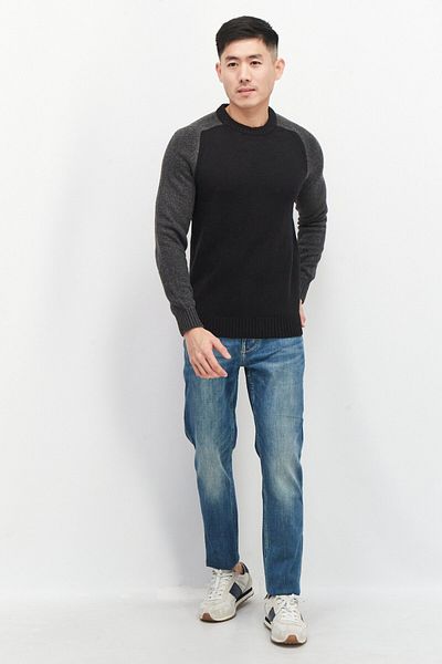 CELIO Men Crew Neck Long Sleeve Knitted Sweatshirts, Black Combo