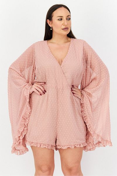 BOOHOO Women Textured Long Sleeve Playsuit, Blush Pink