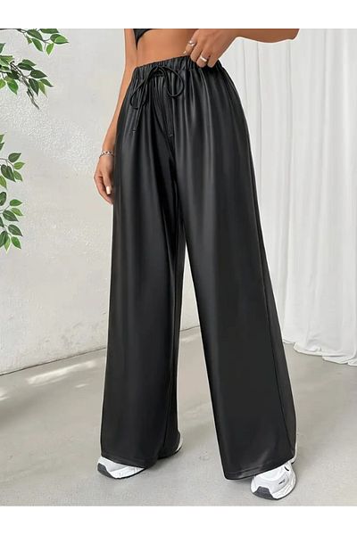AYSİ COLLECTİON Leather Effect Loose Trousers Black