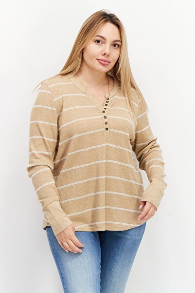 Market And Spruce Women Split Neck Long Sleeves Stipe Top, Tan
