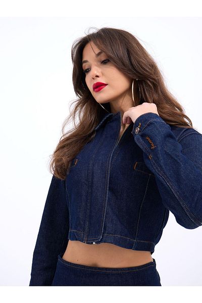 Womengrom Navy Blue Fame Denim Jacket and Skirt Set