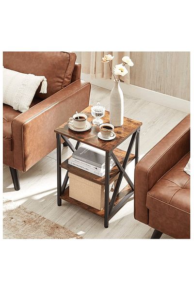 1st First Sofa Side Table with 3 Open Storage Shelves in Metal Frame and X Design