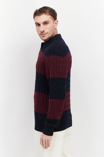 Perry Ellis Men Spread Collar Knitted Rugby Polo Sweater, Maroon