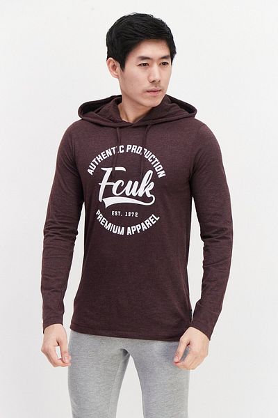 French Connection Men Hooded Long Sleeve Graphic T-shirt, Burgundy Heather