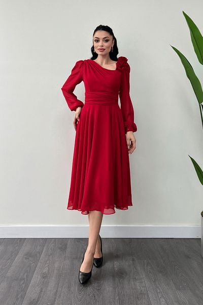 giyimmasalı Red Midi Dress - Chiffon Fabric and Rose Detail