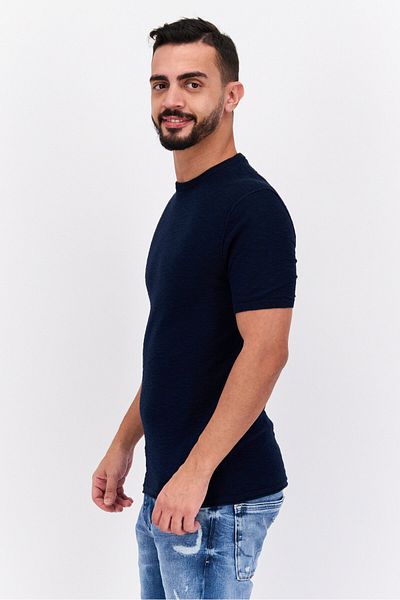Esprit Men Crew Neck Short Sleeve Textured T-shirts, Navy Blue
