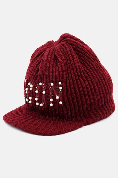 Reserved Women Knitted Graphic Print Cap, Maroon
