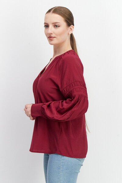 Esprit Women V-neck Long Sleeve Plain Blouse, Burgundy