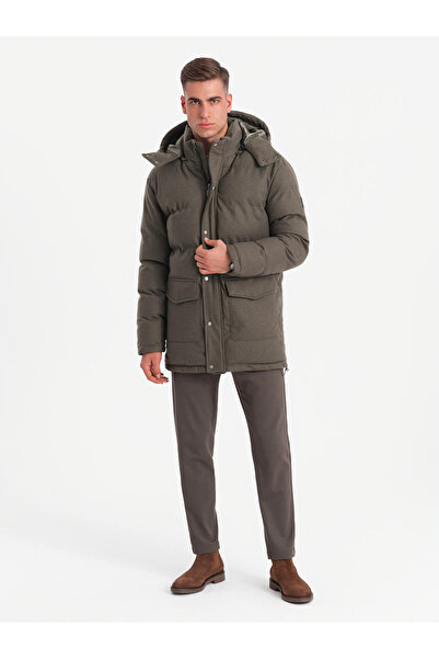 OMBRE Pánská dlouhá teplá bunda parka s vlnou - tmavě šedá melange V4 OM-JALJ-0217 M