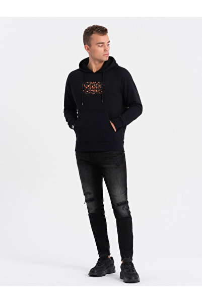 OMBRE Ανδρικό φούτερ καγκουρό με κουκούλα και στάμπα - μαύρο V2 OM-SSPS-0155 XL