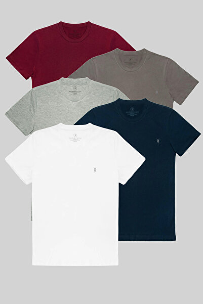 MAXIMILLIAN Erkek %100 Pamuklu 5-Li Bisiklet Yaka T-shirt Bordo-Fume-Grimelan...