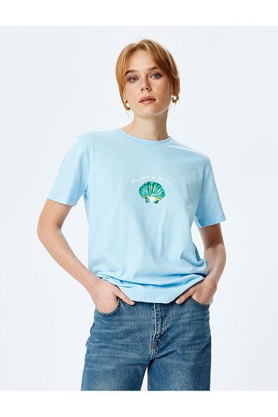 Koton Tricou din bumbac cu mânecă scurtă, cu decolteu, cu imprimeu scoici, sezon nou