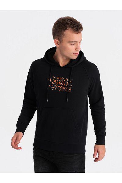 OMBRE Pánská klokaní mikina s kapucí a potiskem - černá V2 OM-SSPS-0155 L
