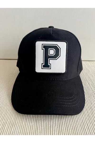 CosmoOutlet 100% Cotton Men's Black Hat with Letter P Adjustable Changeable Sticker on the Back