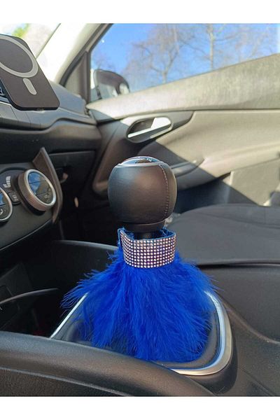 Oto Aksesuarcım Blue Gear Shift Handbrake - Furry Ornamental Crystal Stone Detailed