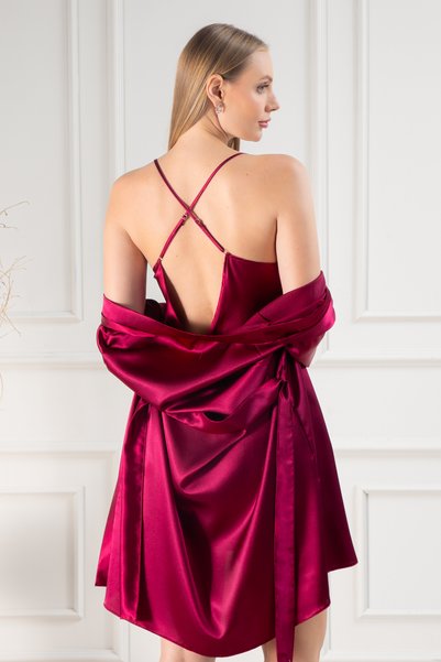 Lunoche Nightwear Satin Burgundy Women's Lace Guipure Detailed Satin Dowry Double Nightgown Dressing Gown Set