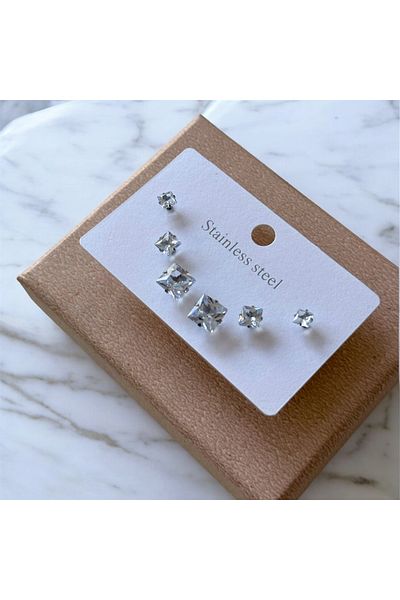 Takıtolia Stainless Three 3 Pair Square Stylish Casual Steel Earrings Set (10)