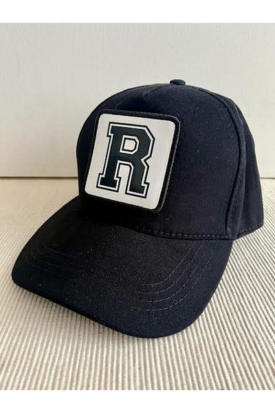 CosmoOutlet 100% Cotton Men's Black Hat with Letter R Adjustable Changeable Sticker on the Back