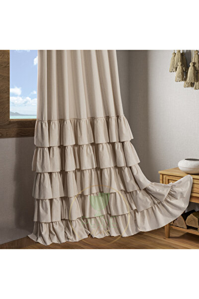 Perdeplus Buldan Cotton Ruffle Background Curtain, Beige Color, Layered Design, Single Wing