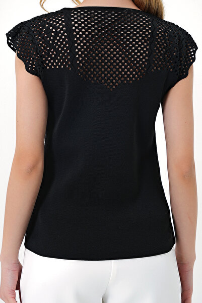 VAGGON Women's Black V-Neck Hole Openwork Seasonal Knitwear Blouse Prmx13378