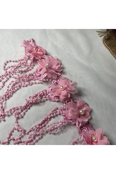 Bukle İplik Floral Patterned Ball Fringed Pearl and Tulle Detailed Decorative Small Ribbon (4 cm Width) - 1 Meter