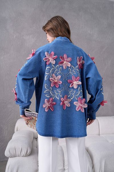 Miss Allos Дамско дънково яке с кимоно с бродирани цветя и камъни от тюл на гърба и ръкавите