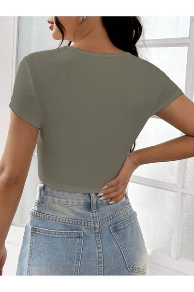 Rooted Kadın Mint Kare & Havuz Yaka Crop T-shirt ,likralı Fitilli Kaşkorse Kumaş
