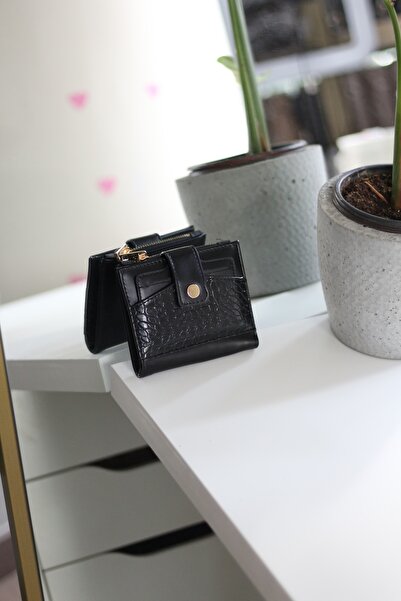 Moom Bag Women's Black Croco Patterned Card Holder Detailed Square Wallet