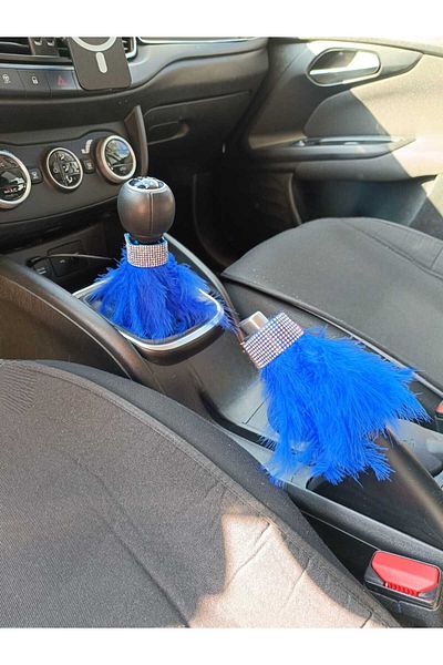 Oto Aksesuarcım Blue Gear Shift Handbrake - Furry Ornamental Crystal Stone Detailed