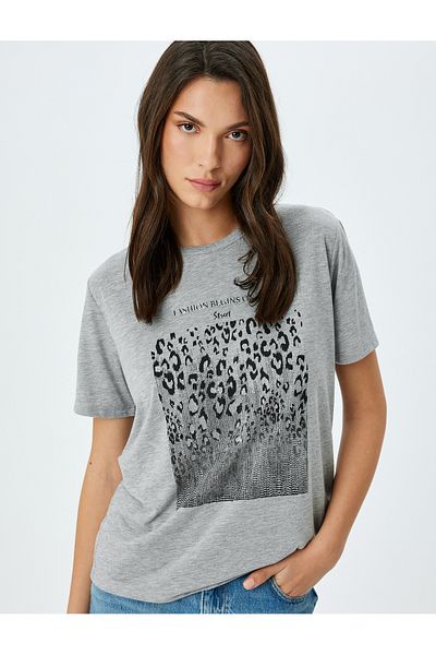 Koton New Season Leopard Printed Crew Neck Short Sleeve T-Shirt