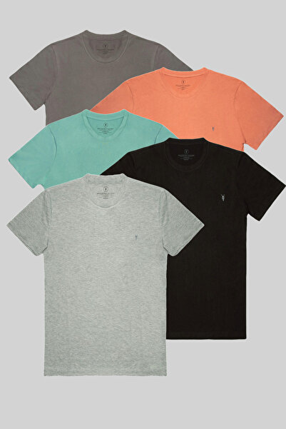 MAXIMILLIAN Ανδρικό μπλουζάκι με λαιμόκοψη σετ 5 τεμαχίων 100% βαμβάκι Fume-Orange-Cagla-Black-Grimelange