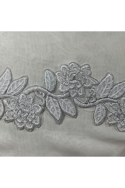 Bukle İplik Floral Patterned Silver Gilded Detailed Guipure Decorative Strip (8 cm Width) - 1 Meter