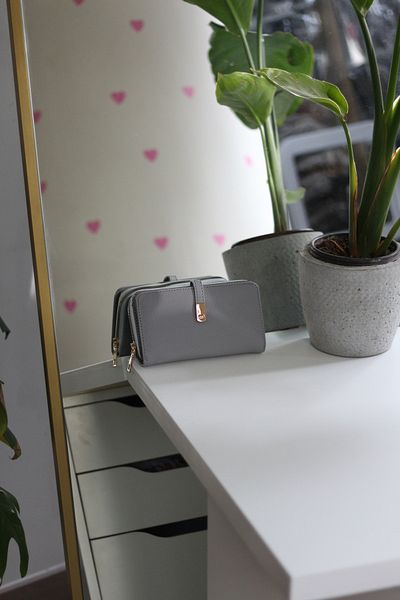 Moom Bag Portofel de damă cu accesorii din aur gri cu detaliu cu nasturi