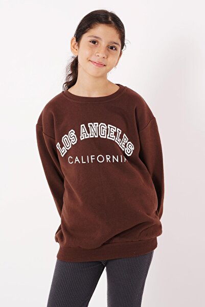 zepkids Κοριτσίστικο φούτερ με μακρυμάνικη λαιμόκοψη California Text σε καφέ χρώμα