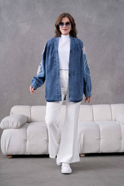 Miss Allos Kadın Arkası Ve Kolları Nakışlı Tül Çİçek Ve Taş İşlemeli Kot Kimono Ceket