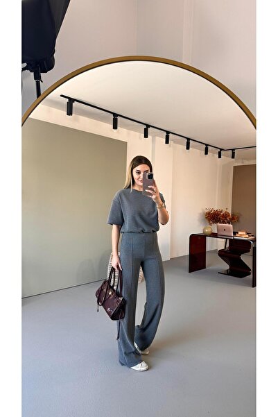 Sezgi Tekin Gray Ribbed Soft Trousers with Elastic Waist