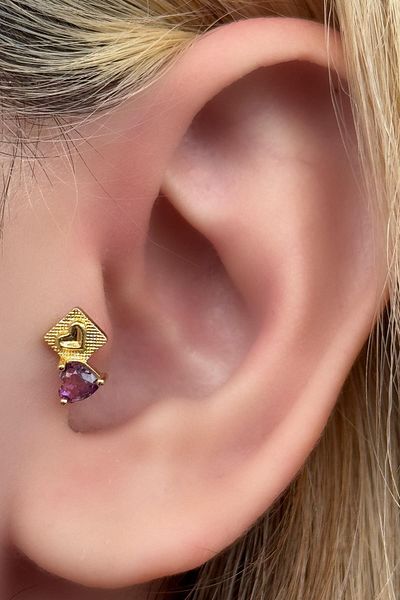 TAKIŞTIR Gold Color Heart Figured Stone Detailed Surgical Steel Tragus/Cartilage Earring/Piercing (Single)