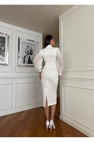 MDZ COLLECTION Kollar Tül Detaylı Yaka Detaylı Midi Boy Beyaz Elbise