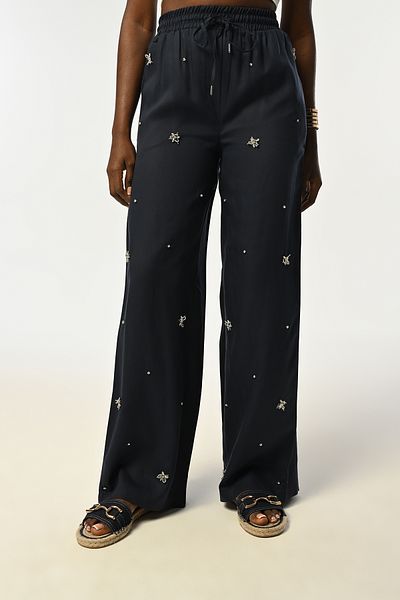 Orfeo Negro PANTALON DE DAMA CU TALIE ELASTICA, PANTALON ALBASTRU MARINE CU FLOTA IN FATA