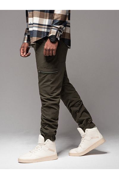 OMBRE Ανδρικό παντελόνι jogger με cargo τσέπες και στάμπα - σκούρο λαδί V5 OM-PAJO-0200 XL