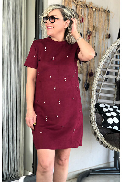 Dila Butik Taş Aksesuarlı Süet Elbise