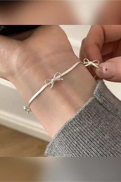 The Collection Coquette Bow Ribbon - Flat Italian Chain & Silver Steel Bracelet